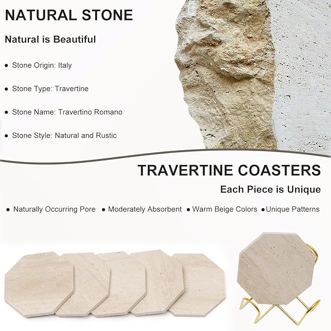 Octagonal Travertine Coasters Set of 6 with Gold Holder, Farmhouse Rustic Neutral Style Coaster for Home Table Decor, Porous Natural Travertine Absorbent Drink Coasters, Velvet Backed
