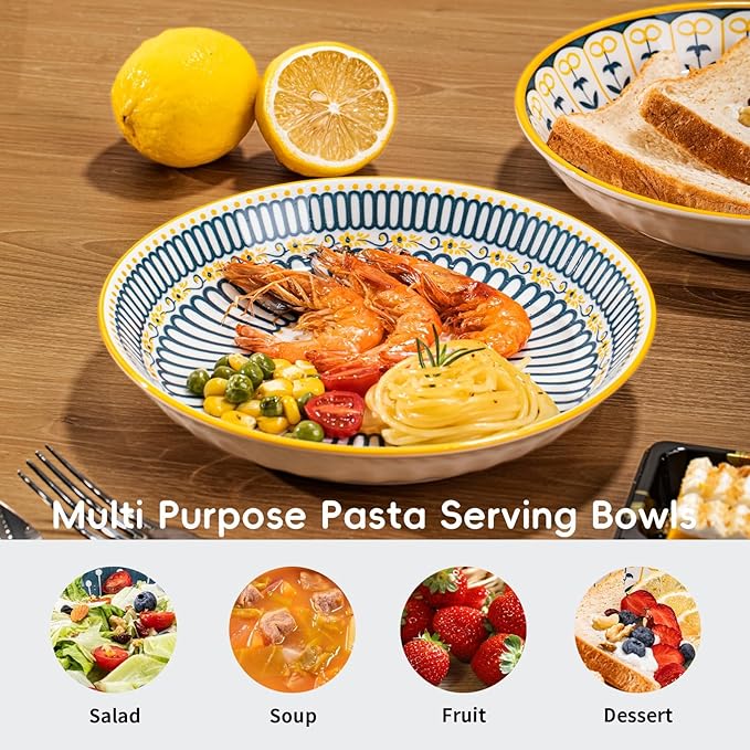 Yeacccng Pasta Bowls Set of 8, 24 Oz Ceramic Salad Bowls, 8 Inch Shallow Serving Bowls for Pasta, Salad, Oatmeal, Fruit, Easy to Clean, Dishwasher & Microwave Safe, Scratch-Resistant, Lead-Free