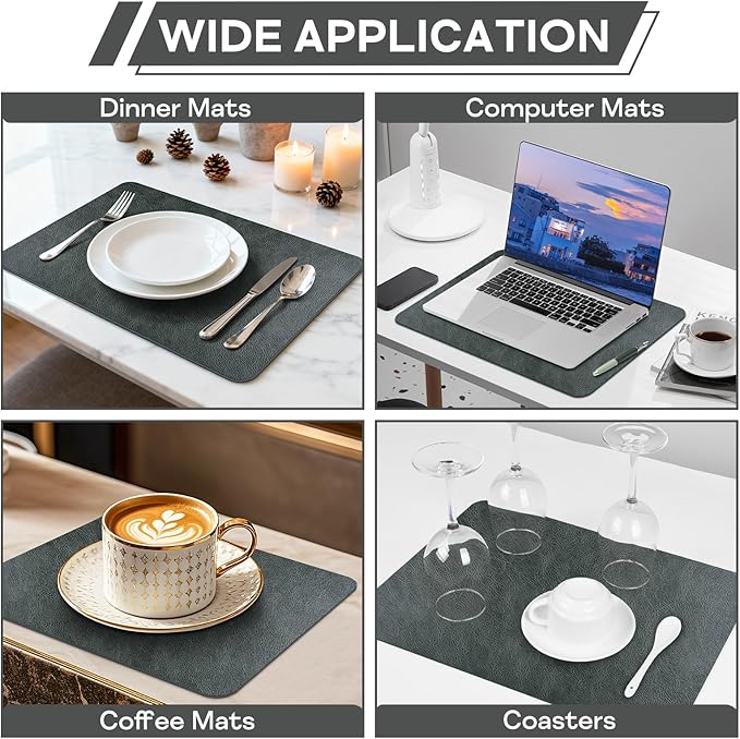 Faux Leather Placemats Set of 6, Washable Place Mats, Wipeable Waterproof Oil-Proof Heat Resistant Table Mats, Non-Slip Vinyl Placemats Rectangular Place Mat for Table Indoor Outdoor (Gray)