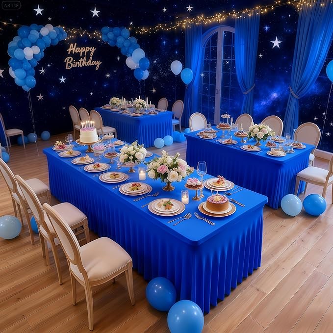 Wish Care 2 Pack Royal Blue Spandex Table Clothes for 6 Foot Rectangle Tables, 6FT Wrinkle Free Fitted Tablecloths Ruffles Design Table Cloth for Party, Banquet, Wedding and Events