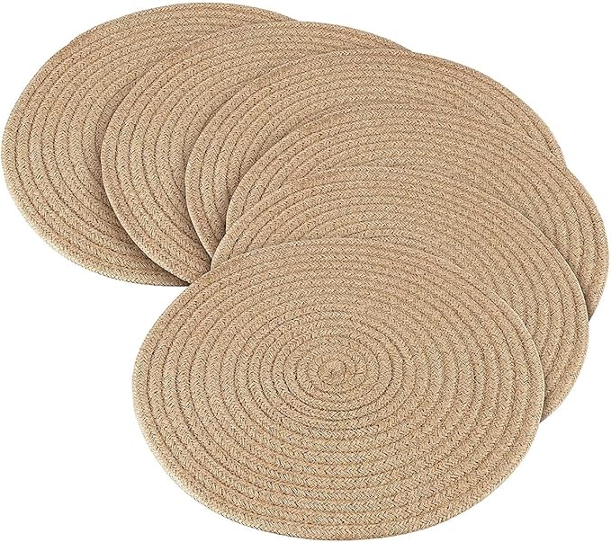 Jute Woven Placemats Set of 6, Round Braided Tablemats 13.8 inch Natural Jute Plat Chargers Handmade Woven Placemats Heat Resistant Non-Slip Potholder for Table Decoration