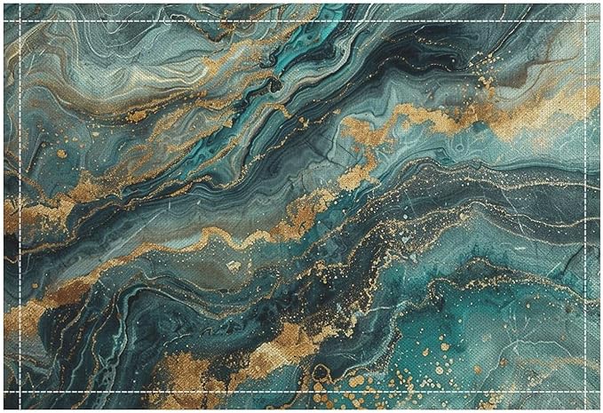 Marble Linen Place Mats Set of 4, 12x17 Inch Modern Abstract Foil Stone Texture Teal Gold Marble Washable Fabric Non-Slip Placemats for Home Dining Table Banquets Party Kitchen Decoration