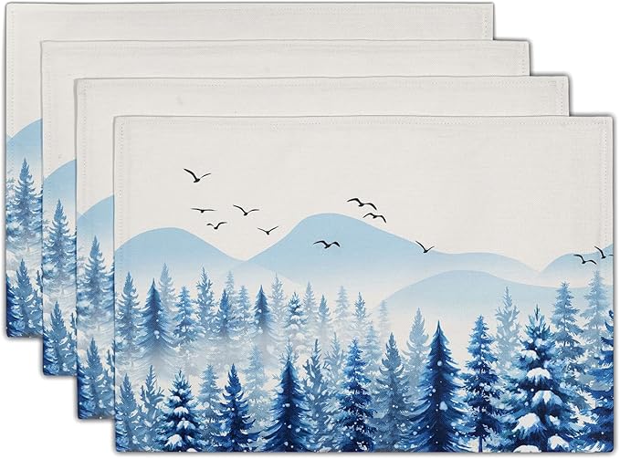 Winter Placemats Set of 4 - Blue Watercolor Xmas Tree Place Mats 12x18 Table Mats White Snow Forest Kitchen Mats for Party Dining Table
