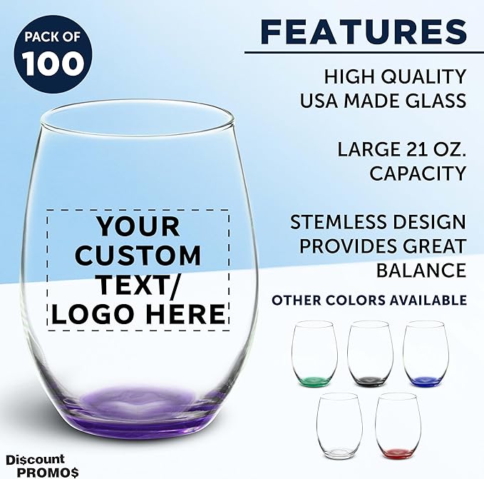 DISCOUNT PROMOS 100 ARC Stemless Wine Glasses Set, 21 oz. - Customizable Text, Logo - Chardonnay, Cabernet, Merlot, Sauvignon - Purple