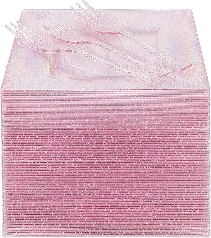 DaYammi 200 Pcs Pink Dessert Plates Including 100Pcs Appetizer plates 6'',100Pcs Plastic Forks 5.7'',Rose Glitter Plastic Square Plate for Wedding,Pink Cake plates and forks for Valentine's Day Party