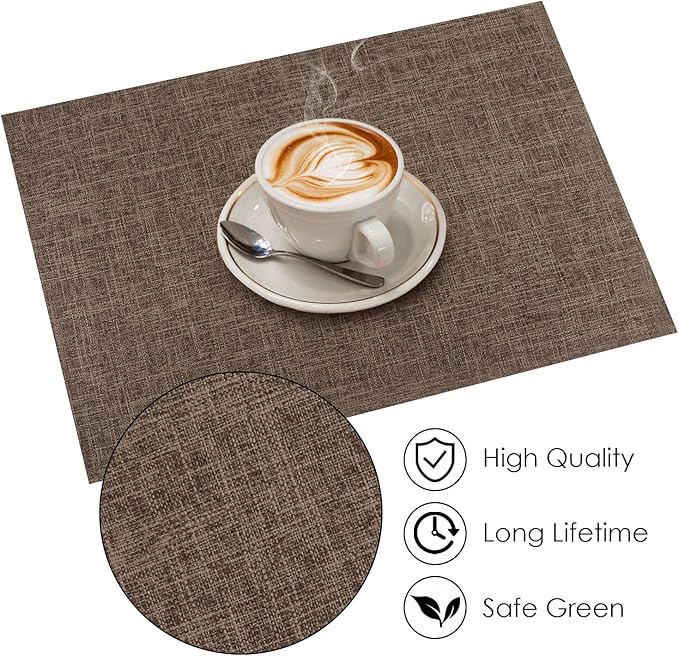 Placemats Set of 8, Faux Linen Dining Table Mats Heat Resistant Placemats for Kitchen Table, Washable Anti-Slip Place Mats, Kitchen Placemats Easy to Clean(Dark Brown)