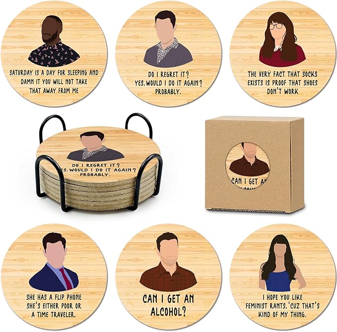 New Girl Cork Coasters Set of 6, Funny Novelty Coasters for Drinks Absorbent with Holder Cup Desk Office Table Kitchen Decor accessories House Warming Gifts for New Home Couples,Round 4 Inch
