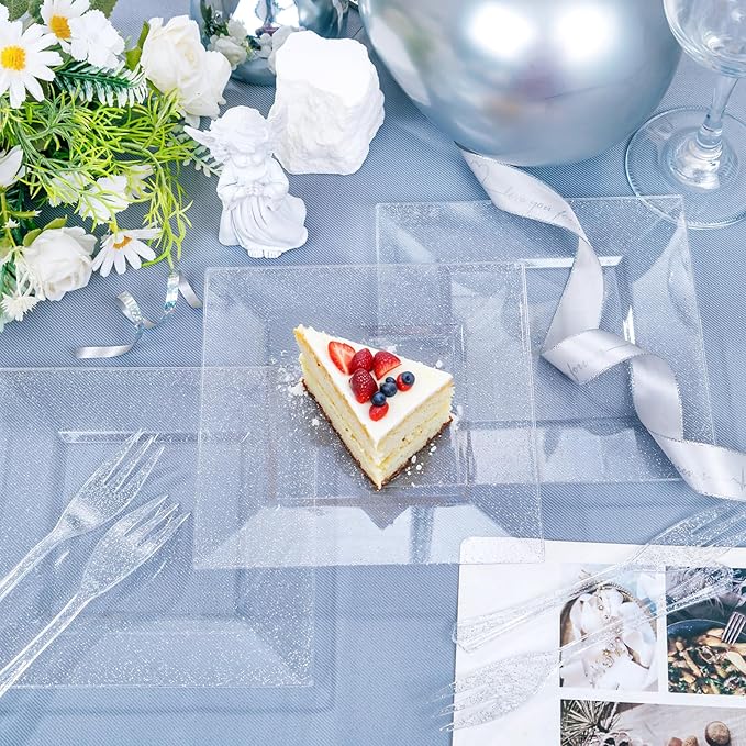 DaYammi 100Pcs Dessert Plates Set Including 50Pcs Cake Plates 6",50Pcs Plastic Forks 5.7",Silver Glitter Square Plastic plates for Party,Silver Appetizer plates and Forks for Wedding Party Birthday
