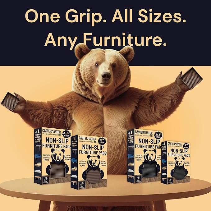 CasterMaster Non-Slip Furniture Pads for Hardwood Floors - 5 in x 5 in Pack of 4 - Black - Heavy-Duty Rubber Feet & Floor Protectors for Furniture - Noise-Dampening Anti-Skid Caster Cups