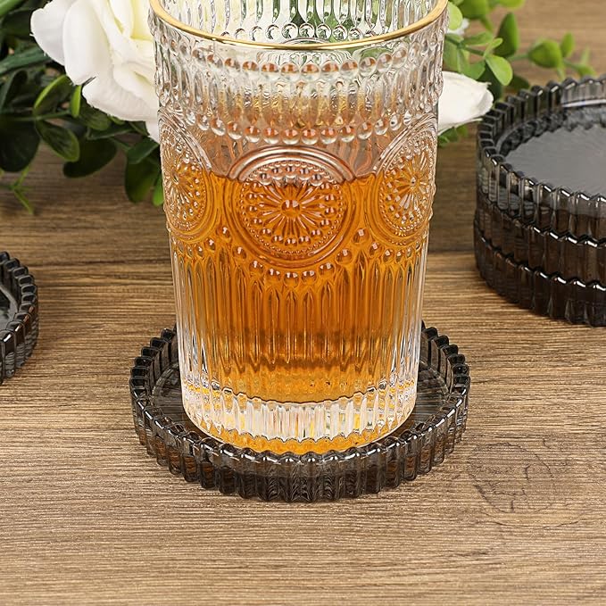 JUXYES 8 Pack Clear Black Crystal Coasters Round Cup Mat, Glass Coasters for Drinks Coffee Tea Wine, Decorative Wine Bottle Coaster, Crystal Drink Coasters for Restaurant bar Kitchen Dining Table
