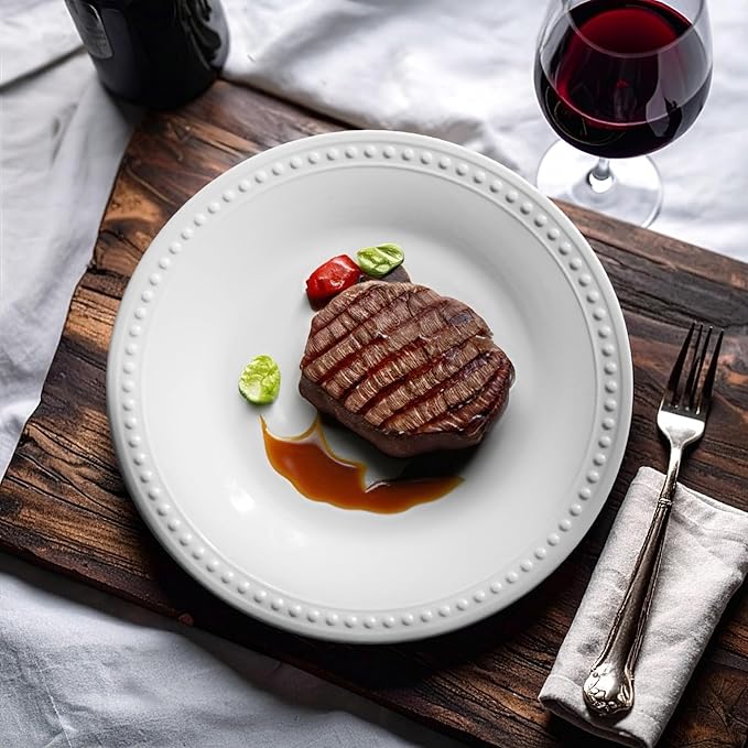 Melamine Beaded Appetizer/Salad/Dessert/Side Plates,Basic White Set of 6,8.5 inch,Platter,Serving Dishes,Kid-Friendly,Chip and Break-Resistant,Dishes Set for Valentine's Day, Weddings & Everyday Meals