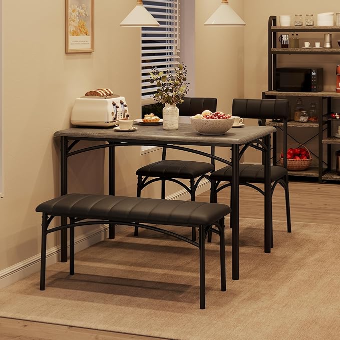 4-Piece Small Dining Table Set – Wood Table with 2 Upholstered Chairs & Bench, Space-Saving Retro Kitchen Dining Set for Small Apartment/Dining Room, Black