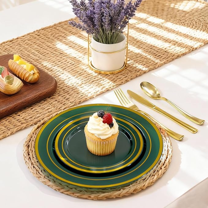 200PCS Green Plastic Plates, Green Disposable Plates with Gold Rim Include 100 Dinner Plate 10 inch and 100 Dessert Plate 7 inch Perfect for Party & Wedding