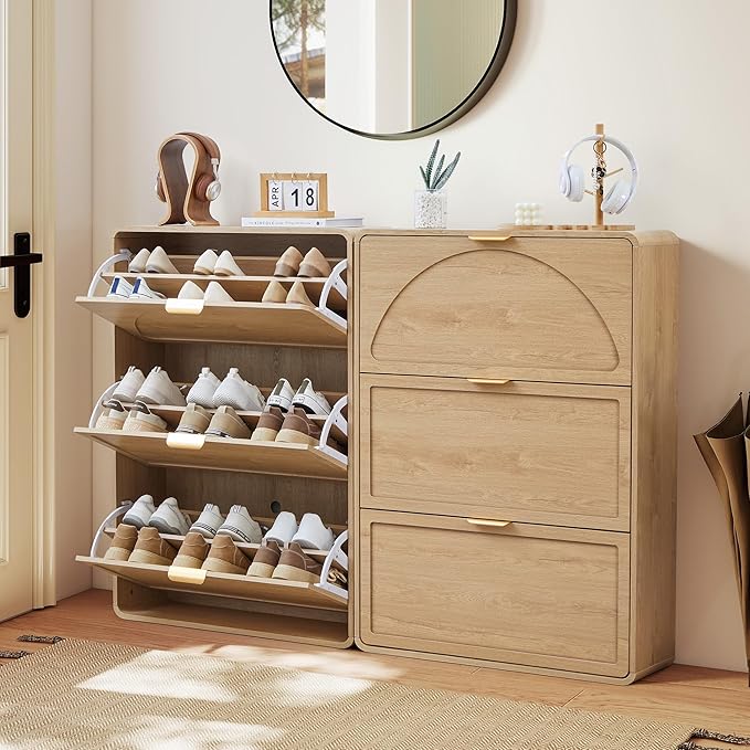Narrow Hidden Shoe Organizer Cabinet Storage for Entryway, Modern Slim and Skinny Shoe Rack Cabinet with Flip Drawers for Entrance, Hallway - Natural