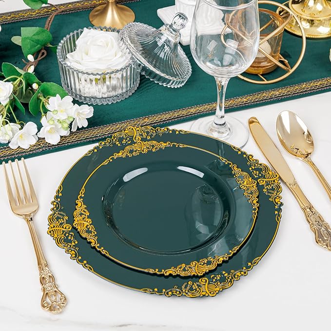 102PCS Green Plastic Plates - Green and Gold Plates - Fancy Heavy Duty Disposable Plate - Heavyweight Dinner & Dessert Plate for 51 Guests for Party & Wedding