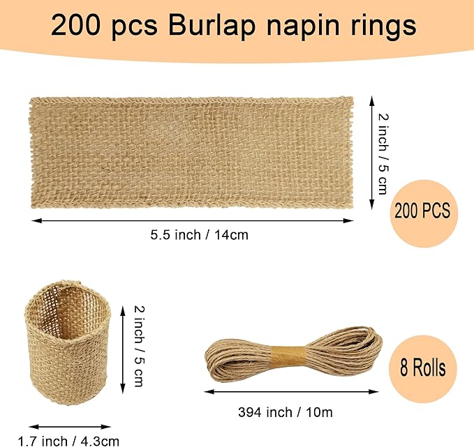 Natural Burlap Napkin Rings Set of 200 pcs with Jute Rope,Disposable Napkin Bands Bulk,Rustic Serviette Ring for Tables,Decorations,Wedding,Dinner,Country Party Decor