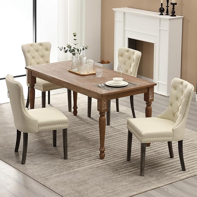 KCC Faux Leather Dining Chairs Set of 6, Upholstered High-end Tufted Dining Room Chair with Nailhead Back Ring Pull Trim Solid Wood Legs, Contemporary Nikki Collection Modern Style for Kitchen, Beige