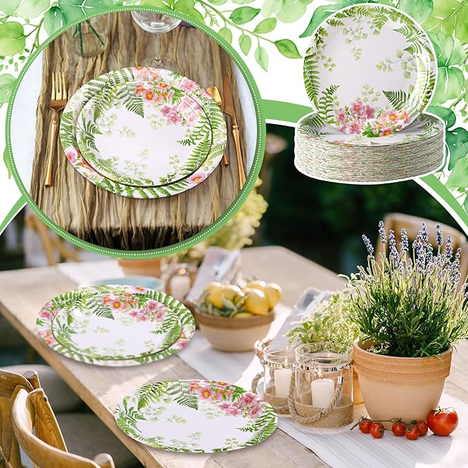 48 Pcs Fern Garden Plates Set Include 9 Inch and 7 Inch Spring Watercolor Disposable Plates Summer Decorative Dinner Birthday Party Tableware for Baby Shower Party Supplies