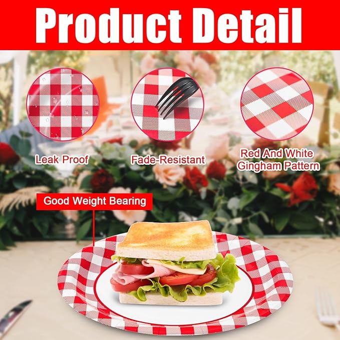100pcs Red Gingham Oval Paper Plates, 10" x 12" Large Red and White Checked Plaid Party Supplies Disposable Heavy Duty Paper Plates for Birthday Wedding Bridal Baby Shower Christmas Party Decor