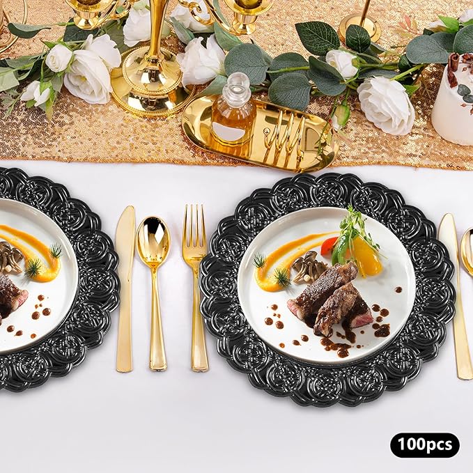 100 Pcs Antique Charger Plates Bulk, 13in Reusable Serving Plates Embossed Rim Plastic Party Dinner Plate Chargers Round Decorative Server Plate for Wedding Party Event Tableware