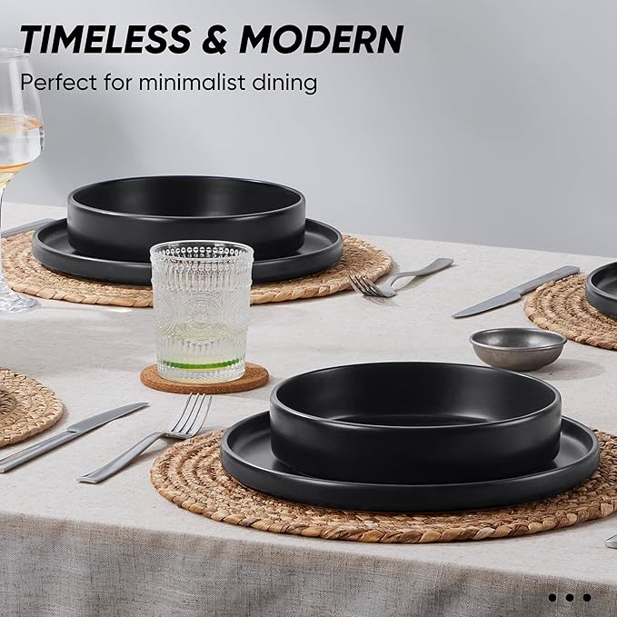 E-far 8-Piece Black Plates and Bowls Sets - Stoneware Dinnerware Sets with Pasta Bowls for 2 | Matte Black Kitchen Modern Dish Set, Microwave & Dishwasher Safe