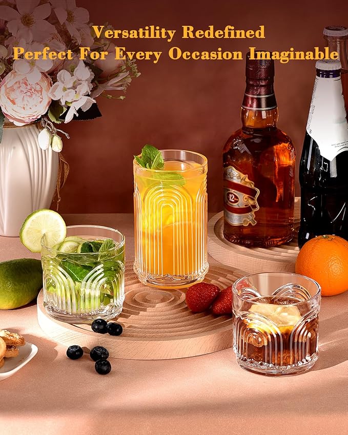 Arch Design Drinking Glasses Set of 8, Highball Glasses 15 oz and 8 oz, Ribbed Glass Cups, Cups for Kitchen, Vintage Glassware for Whiskey, Beer, Cocktail, Juice, Water