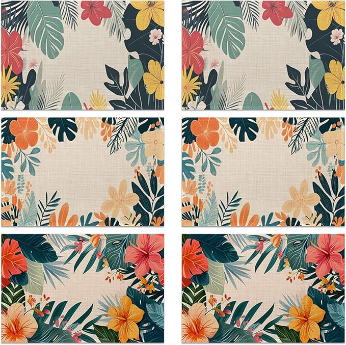 Tropical Floral 12x18 Inch Placemats Set of 6 - Orange Waterproof, Non-Slip & Washable Table Mats for Kitchen & Dining Table Placemats