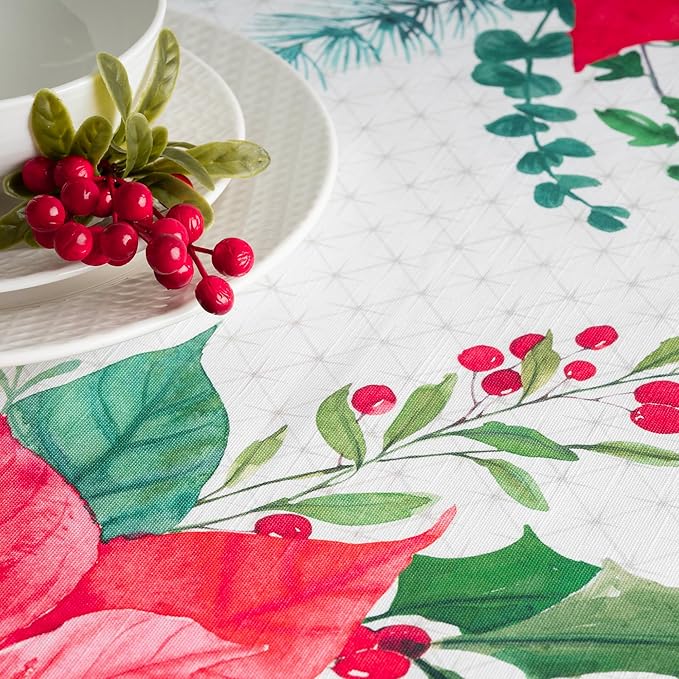 Maison d' Hermine Table Cloth Rectangle Table 100% Cotton 60 x 90 Inches Fall Tablecloth Reusable Everyday Use for Thanksgiving Christmas Decorations Dining Farmhouse Party (Poinsettia Christmas)