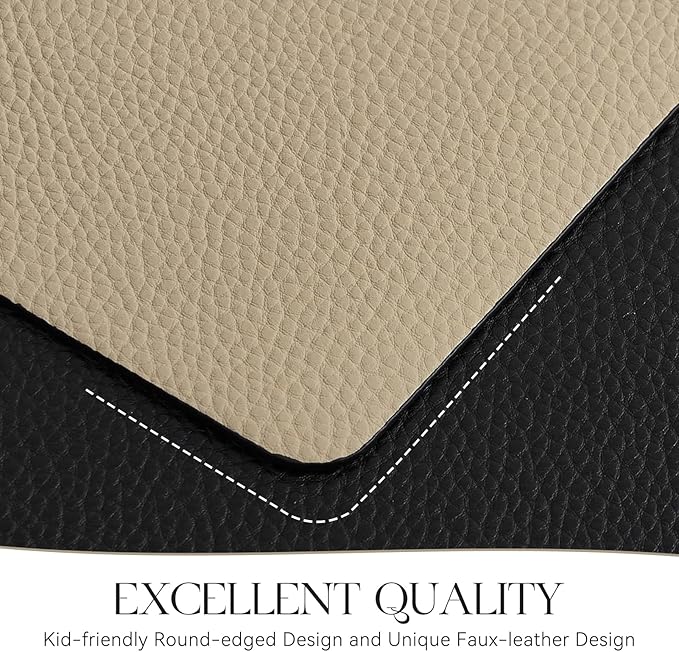 MOSAYT Vinyl Placemats Set of 8, Heat Resistant Place Mats 100% Waterproof Washable & Wipeable Faux Leather Reversible Table Mats for Kitchen Dining Party Indoor Outdoor, 12" x 17", Black/Khaki