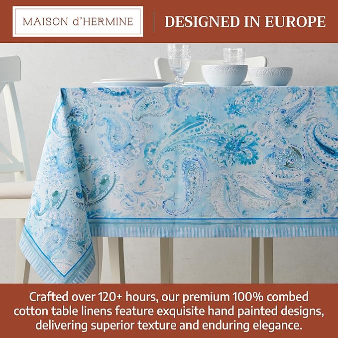Maison d' Hermine Premium Table Cloth Rectangle Table 100% Combed Cotton 108 x 70 Inches Tablecloth Reusable Decorative for Dining Room, Farmhouse, Home, Party, Festive & Wedding - Paisley Blues