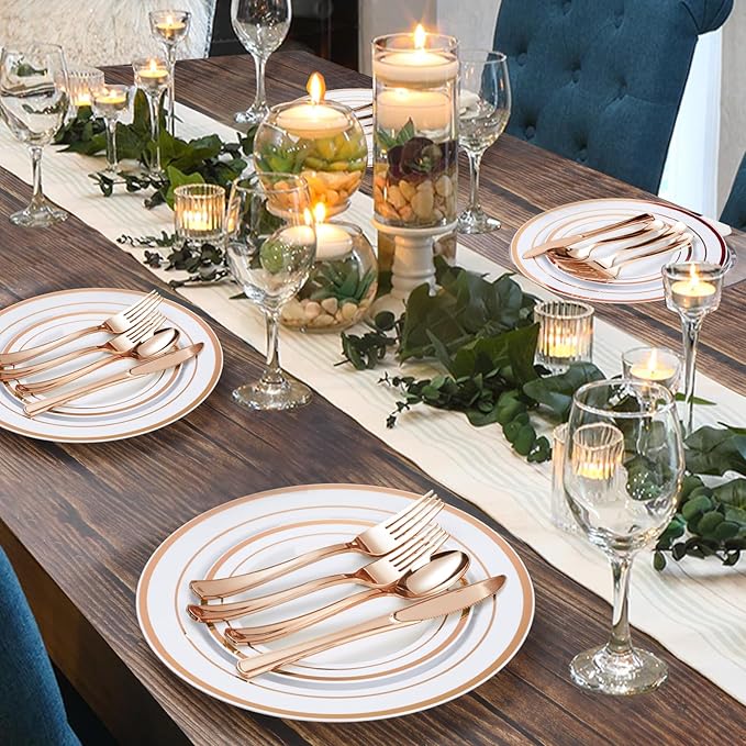 BESTVIP 600PCS Rose Gold Plastic Plate Set (100 Guests), Plastic Plates for Party Wedding Birthday, Disposable Dinnerware Set of 200 Plates, 200 Forks, 100 Spoons, 100 Knives for Christmas