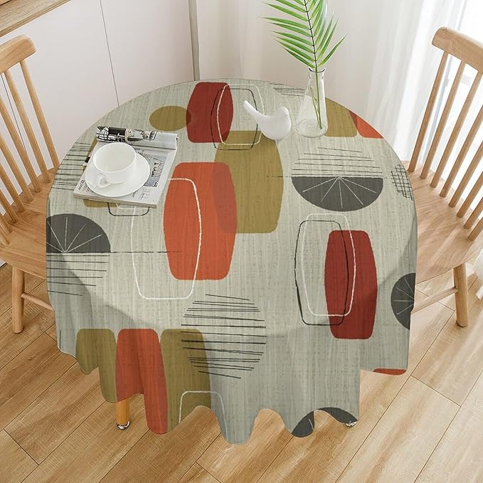 Retro Medieval Bohemian Round Tablecloth, Modern Mid Century Geometric Abstract Print Tablecloth for Home Party Dining Room Kitchen Decor 60Inch(152cm)