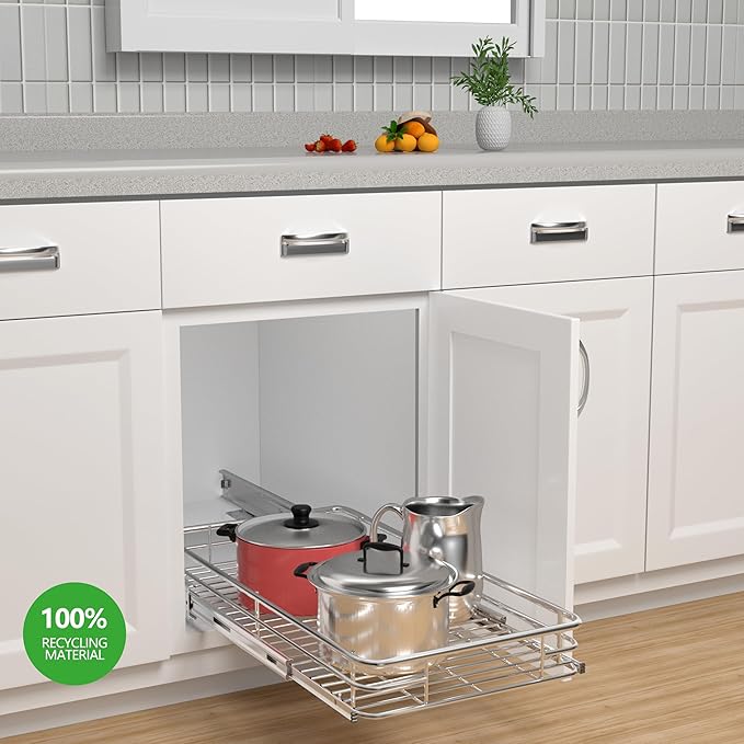 Pull Out Cabinet Organizer (13.4" W x 21" D), Put Out Shelves for Kitchen Cabinets, Roll Out Drawers Heavy-Duty Metal Sliding Shelf, Bottom Mount