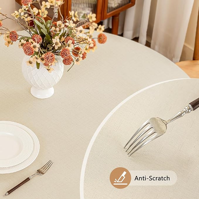 Water Resistant 60 Inch Beige Round Table Cloth, Textured Wipeable Round Tablecloth, Anti-Scratch Faux Linen Fabric for Card Table Dining Room Kitchen Patio