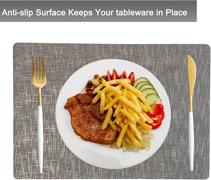 Set of 4 Faux Leather Placemats, Dual‑Sided Non‑Slip Vinyl Placemats, Washable Table Mats, Wipeable Metallic Dining Mats for Kitchen and Dining