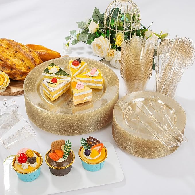 WELLIFE 450 PCS Gold Glitter Disposable Dinnerware Set for 75 Guests, Plastic Plates for Party, Including 75 Dinner & Salad Plates, Cups, Forks Knives Spoons for Wedding and Party Supplies