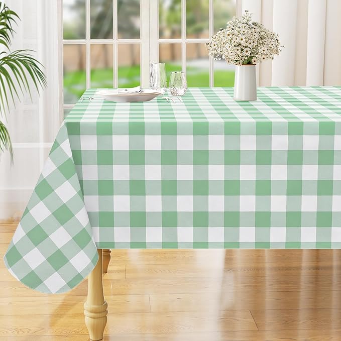 misaya Rectangle Waterproof Vinyl Table Cloth, Buffalo Flannel Backed Tablecloth, Wipeable Plastic Table Cover for Dinner, Kitchen, Outdoor (60" x 120", Sage Green and White)