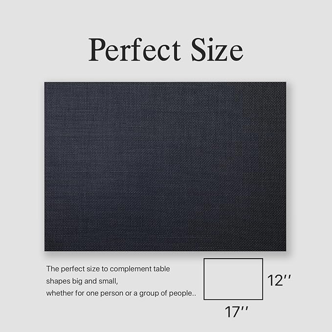 Placemats Set of 12 - Easy Clean Woven Vinyl Placemats for Dining Table, Indoor/Outdoor Place Mats, Washable PVC Table Mats（Black）