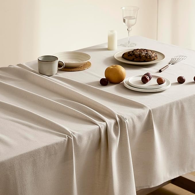 Beige Textured Linen Tablecloth Rectangle Farmhouse Boho Rustic Table Cover for 8 Foot Tables Heavy Duty Washable Camping 8ft Table Cloths for Rectangle Oblong Tablecloth 60x104 Inch