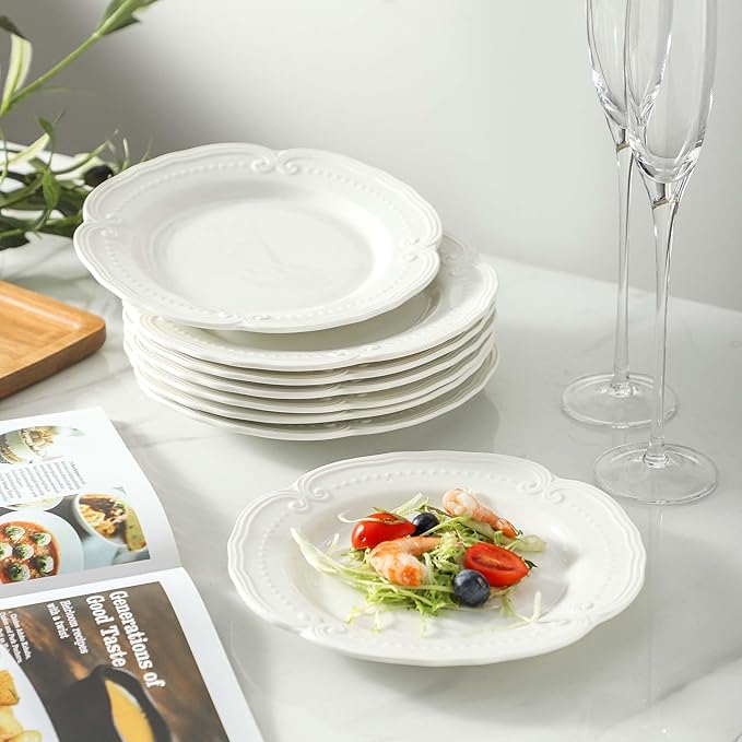 Neaylfe Embossed Salad Plates, 7.8 Inch White Ceramic Plates, The Dessert, Salad, Appetizer, Small Lunch, etc Plate, Restaurant Kitchen Dish, Microwave, Oven, and Dishwasher Safe - Set of 8