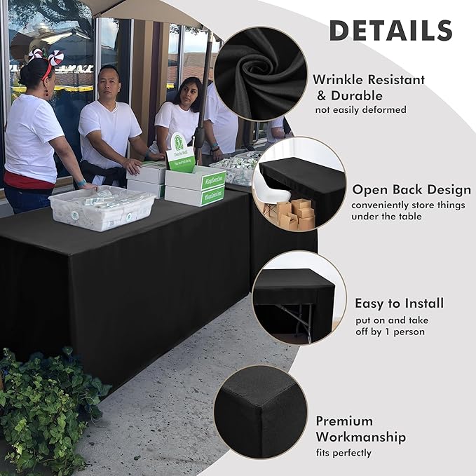 Nasitos 6 Pack Black Fitted Table Covers for 4 Foot Tables-Open Back Folding Table Cloth Washable Tablecloths for Trade Show, Craft Show, Grad Party, Vendor Booth