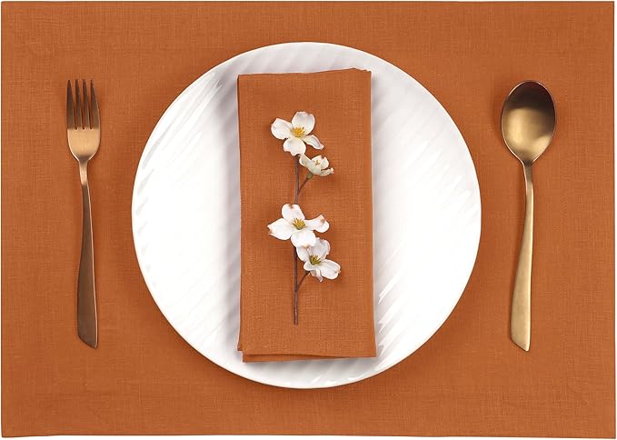 D'Moksha Homes Linen Rust Placemats Set of 4-100% Pure Linen Placemats 14 x 19 Inch for Spring, Easter - Handcrafted and Machine Washable