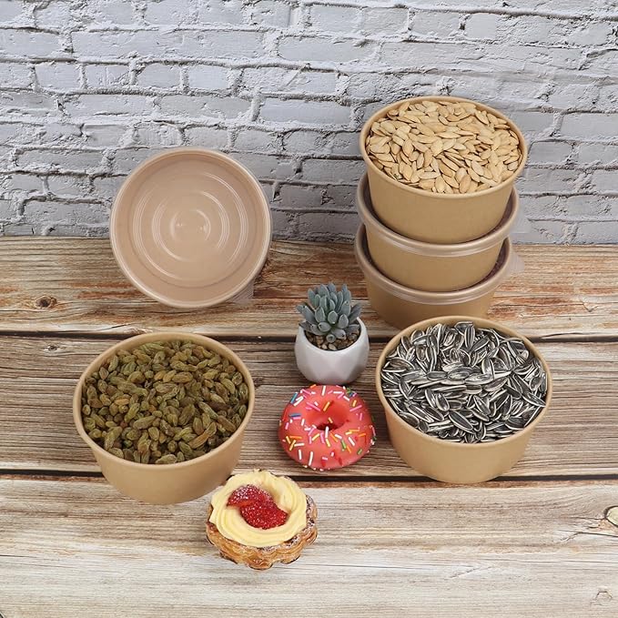 24 oz Disposable Kraft paper bowls with lids, Food containers Soup Bowls Party Supplies Treat Bowls 50 Pack