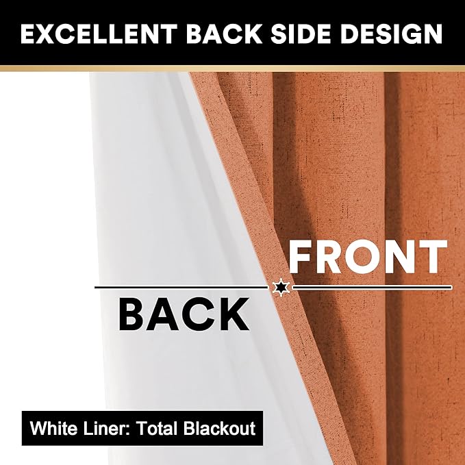 PrinceDeco Blackout Curtains for Bedroom 96 Inches Long Linen Look Curtains for Living Room Black Out Curtains Room Darkening Thermal Curtains with White Liner Backing for Nursery Decor,Orange