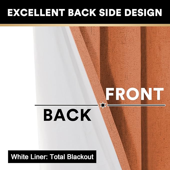 PrinceDeco Linen Blackout Curtains 84 Inches Long 100% Absolutely Blackout Textured Window Curtains for Living Room Energy Saving with White Liner,Anti-Rust Grommet, Orange,2 Panels