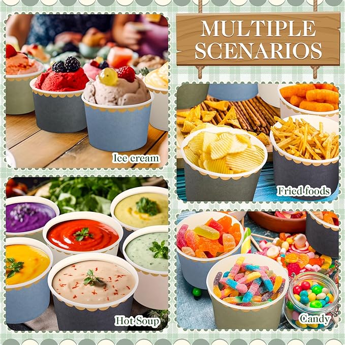 Zopeal 48 Pcs Dusty Blue and Green Disposable Ice Cream Bowls 9oz Blue Gradient Color Paper Snack Cups with Gold Scallop for Parties, Weddings, Baby Showers, Desserts, Yogurt, and Salads