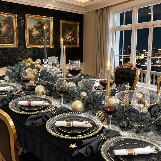 KIRE 100PCS Black and Gold Plates - Black Plastic Plates Disposable with Gold Rim for Halloween Party/Wedding/Birthday Include 50Pcs 10.25inch for Dinner and 50Pcs 7.5inch for Dessert/Salad