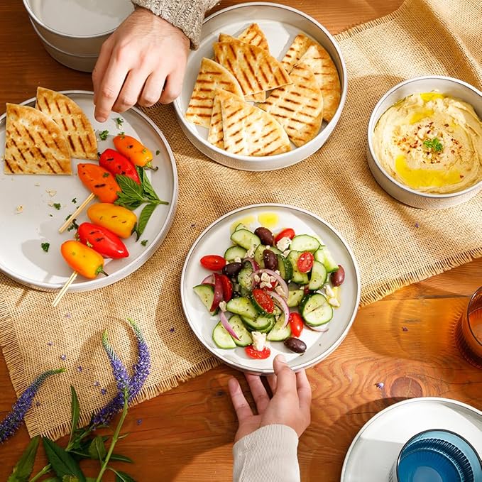 Bloomhouse - Two Time Oprah's Favorite Things Winner - Santorini Mist Double Bowl Terracotta Reactive Glaze Plates and Bowls Dinnerware Set - Moonstone White, Service for Four (16pcs)