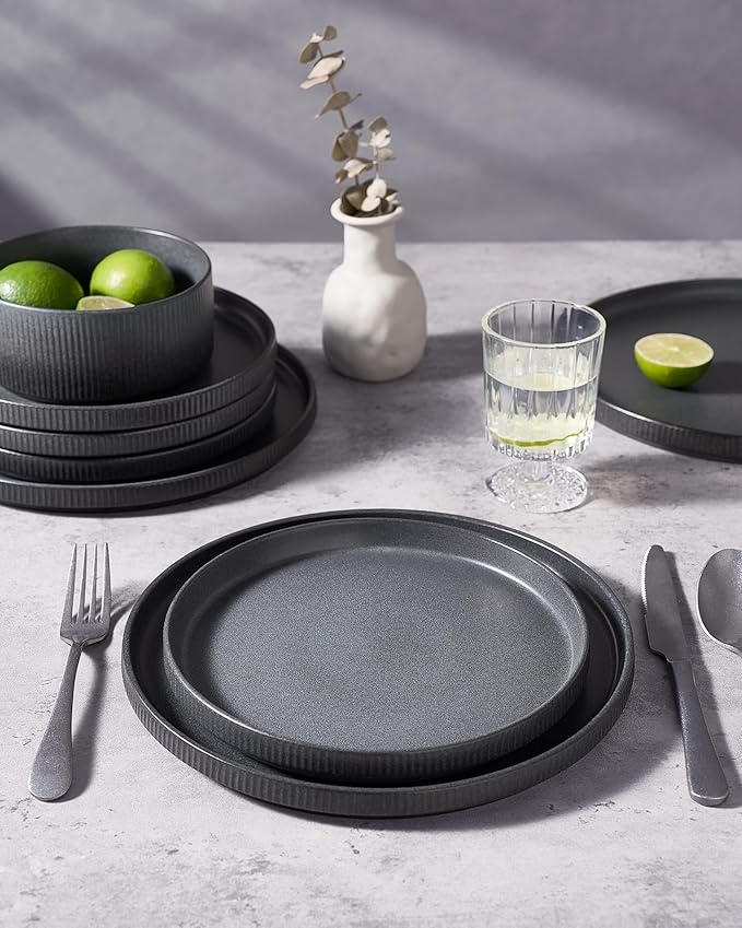 famiware Star Dinner Plates for 6, 10 inches Plate Set, Scratch Resistant, Stoneware Dinnerware, Kitchen Modern Rustic Serving Dishes, Matte Dark Charcoal (Full Glaze)