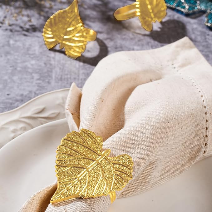 CLEENTABLE Elegant Handcrafted Leaf Napkin Rings - Set of 12 Premium Aluminum Holders for Dinner Parties, Weddings, Special Occasions & Everyday Dining (Gold)
